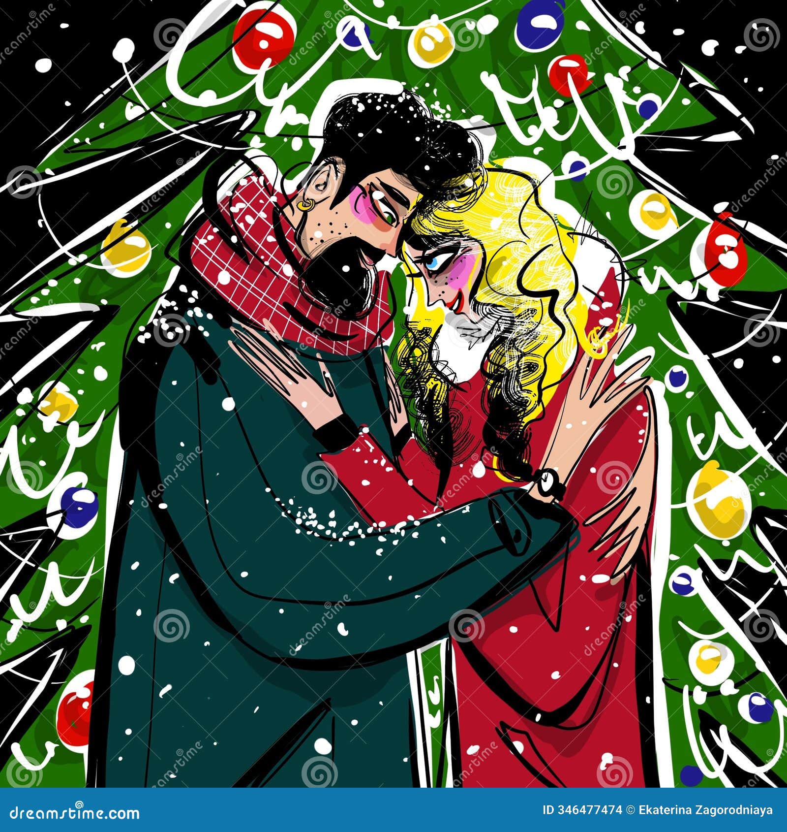 couple hugging under a christmas tree